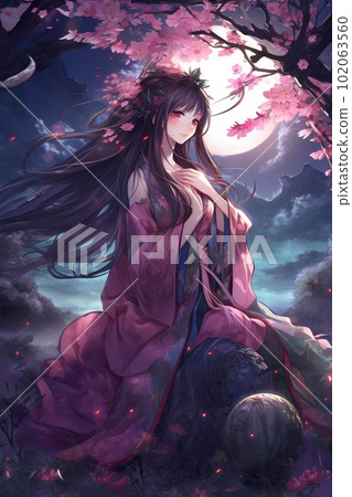 Japanese cartoon anime girl in a kimono dress in a field with sacura on a full moon made with generative AI Japanese cartoon anime girl in a kimono dress in a field with sacura on a full moon made with generative AI 102063560