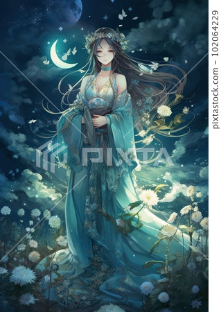 Japanese cartoon anime girl in a kimono dress in a flower field on a full moon made with generative AI 102064229