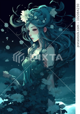 Japanese cartoon anime girl in a kimono dress in a flower field on a full moon made with generative AI 102064230