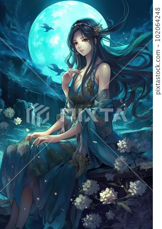 Japanese cartoon anime girl in a kimono dress in a flower field on a full moon made with generative AI Japanese cartoon anime girl in a kimono dress in a flower field on a full moon made with generative AI 102064248