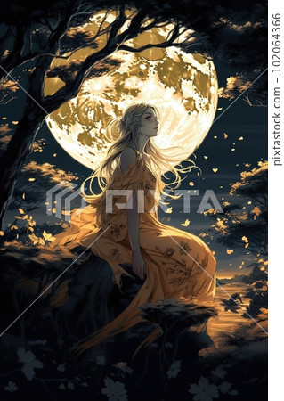 Japanese cartoon anime girl in a kimono dress in a field with flowers on a full moon made with generative AI Japanese cartoon anime girl in a kimono dress in a field with flowers on a full moon made with generative AI 102064366