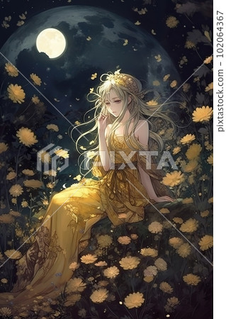 Japanese cartoon anime girl in a kimono dress in a field with flowers on a full moon made with generative AI Japanese cartoon anime girl in a kimono dress in a field with flowers on a full moon made with generative AI 102064367