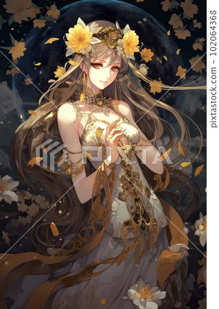 Japanese cartoon anime girl in a kimono dress in a field with flowers on a full moon made with generative AI 102064368