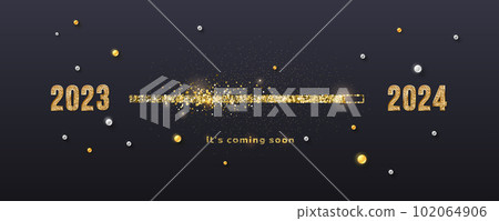 Happy New Year 2024. Banner template. Gold glittering progress bar. Coming soon new year. Happy New Year 2024. Banner template. Gold glittering progress bar. Coming soon new year. 102064906