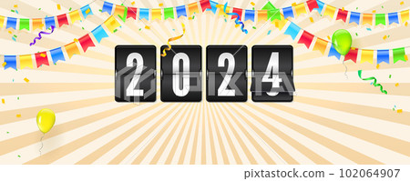 Happy New Year 2024. Banner with flip timetable. Vintage background. Happy New Year 2024. Banner with flip timetable. Vintage background. 102064907