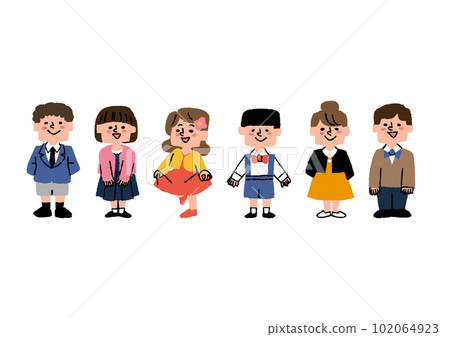 Illustrations of children dressed in plain clothes, comical hand-drawn characters 102064923