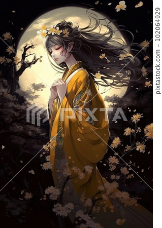 Japanese cartoon anime girl in a kimono dress in a field with flowers on a full moon made with generative AI Japanese cartoon anime girl in a kimono dress in a field with flowers on a full moon made with generative AI 102064929