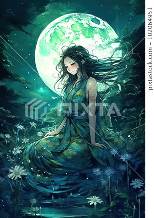 Japanese cartoon anime girl in a kimono dress in a field with flowers on a full moon made with generative AI Japanese cartoon anime girl in a kimono dress in a field with flowers on a full moon made with generative AI 102064951