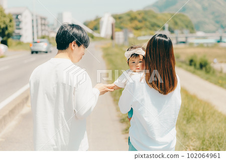 Family walk along the bank 102064961