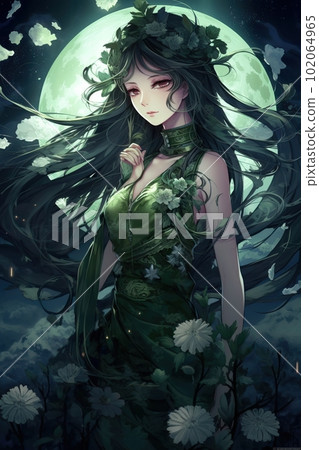 Japanese cartoon anime girl in a kimono dress in a field with flowers on a full moon made with generative AI Japanese cartoon anime girl in a kimono dress in a field with flowers on a full moon made with generative AI 102064965