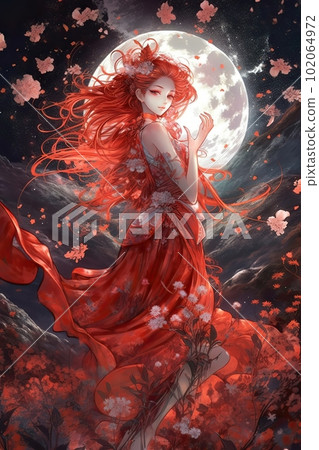 Japanese cartoon anime girl in a dress in a flower field on a full moon made with generative AI 102064972