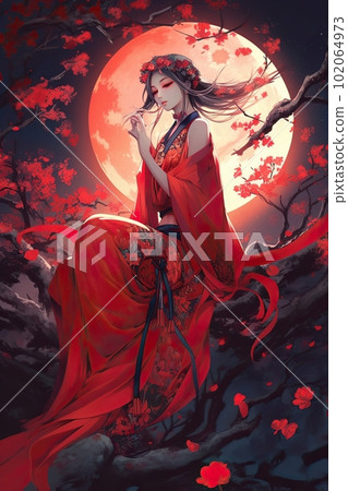 Japanese cartoon anime girl in a dress in a flower field on a full moon made with generative AI 102064973
