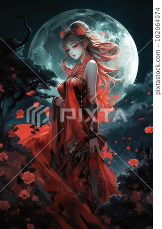 Japanese cartoon anime girl in a dress in a flower field on a full moon made with generative AI 102064974