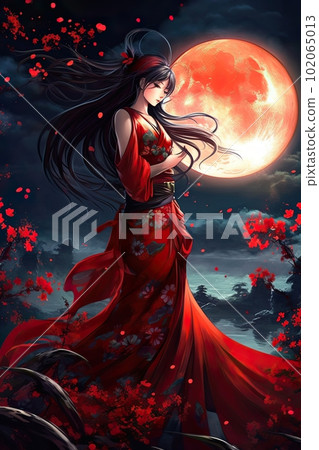 Japanese cartoon anime girl in a dress in a flower field on a full moon made with generative AI Japanese cartoon anime girl in a dress in a flower field on a full moon made with generative AI 102065013