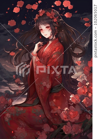 Japanese cartoon anime girl in a dress in a flower field on a full moon made with generative AI 102065017