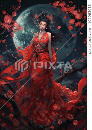 Japanese cartoon anime girl in a dress in a flower field on a full moon made with generative AI Japanese cartoon anime girl in a dress in a flower field on a full moon made with generative AI 102065018