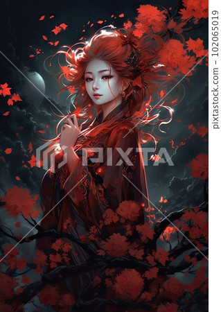 Japanese cartoon anime girl in a dress in a flower field on a full moon made with generative AI 102065019