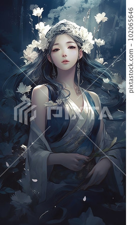 Japanese cartoon anime girl in a kimono dress in a flower field on a full moon made with generative AI 102065646