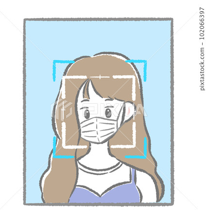 人臉認證系統，戴口罩的女性進行人臉認證 簡約可愛手繪插畫 102066397