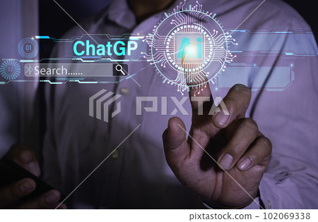 Ai or Artificial Intelligence.Young businessman  with ChatGPT Chat for searching data management. ChatGPT or chatbot developed by OpenAI.Photo concept of Ai and technology. 102069338