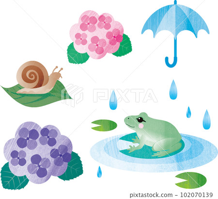 Rainy season summer rain flower hydrangea frog snail umbrella watercolor analog touch cute illustration material 102070139