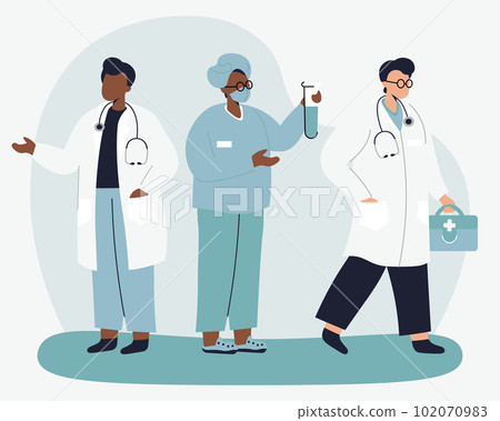 Team of medical specialists doctor with bag first aid kit and laboratory assistant with flask Team of medical specialists doctor with bag first aid kit and laboratory assistant with flask 102070983
