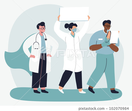 Team of medical workers doctor with placard and doctor in super hero cape Team of medical workers doctor with placard and doctor in super hero cape 102070984