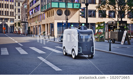 Autonomous delivery robot driverless on street, Smart vehicle technology concept, 3d render 102071665