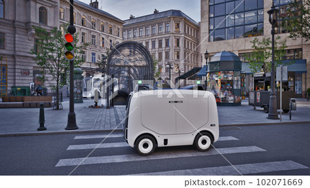 Autonomous delivery robot driverless on street, Smart vehicle technology concept, 3d render 102071669