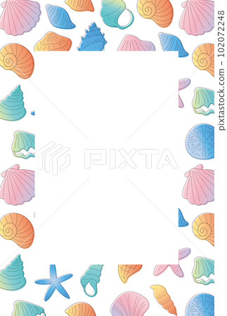 Sea shells and starfish line drawing hand drawn vector frame / postcard size / gradation 102072248