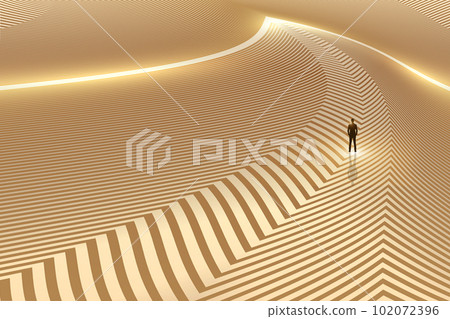 A businessman stands on the desert space passage built with golden lines 102072396