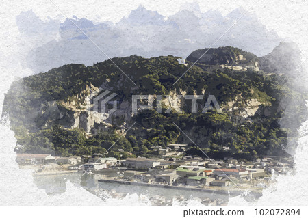Watercolor style Yashima, Aji Stone Processing Factory Choba, Aji Peninsula, Takamatsu City, Kagawa Prefecture Watercolor style Yashima, Aji Stone Processing Factory Choba, Aji Peninsula, Takamatsu City, Kagawa Prefecture 102072894