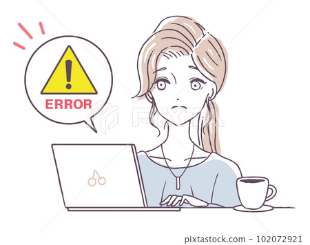 A woman who is troubled by an error on her computer, a person who is weak in machines, a programming error, an embarrassed face, vector illustration material A woman who is troubled by an error on her computer, a person who is weak in machines, a programming error, an embarrassed face, vector illustration material 102072921