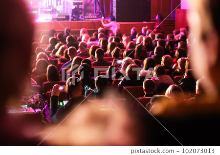 Spectators sit in the hall and watch a concert. People in the auditorium watching the performance. Theater audience. Music concert or festival. Out of focus 102073013