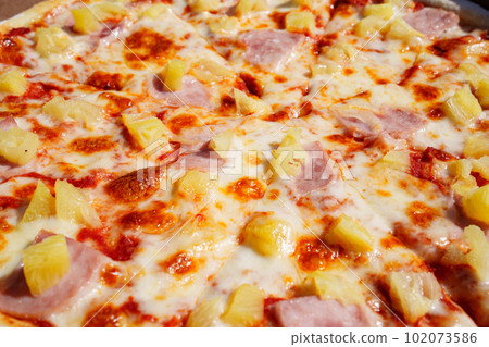 Pizza with pineapple and ham is a popular type of pizza known as Hawaiian pizza. 102073586