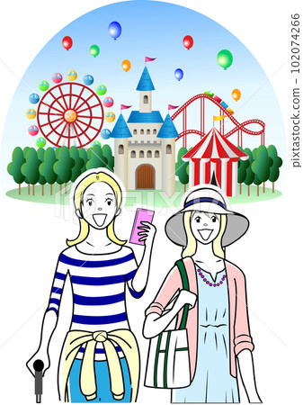 Foreign tourists visiting an amusement park with women Foreign tourists visiting an amusement park with women 102074266