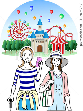 參觀遊樂園的女性遊人 參觀遊樂園的女性遊人 102074267