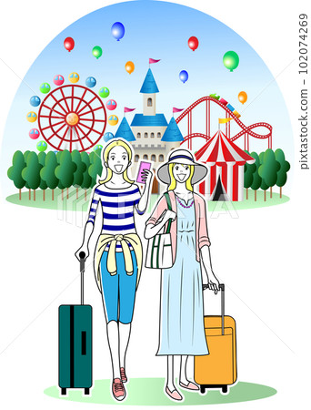 與婦女一起參觀遊樂園的外國遊客 與婦女一起參觀遊樂園的外國遊客 102074269