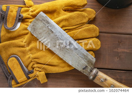 Camping Tool Items Leather Gloves and Ax Camping Tool Items Leather Gloves and Ax 102074464