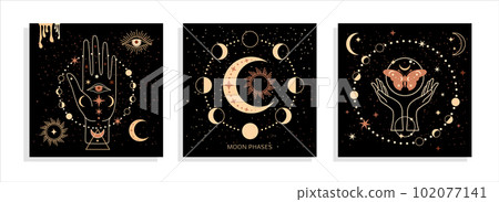 Banner set Mystical moon phases and woman hands and moth, alchemy esoteric magic space, sacred wheel of the year, vector isolated on black background 102077141