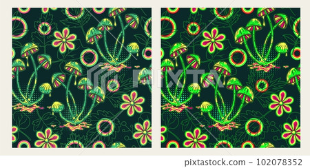 Pattern with fantasy mushrooms, chamomile flower 102078352