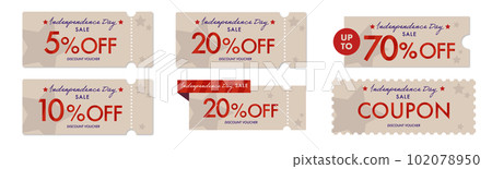 帶有別緻星形圖案的優惠券矢量圖標集，可用於獨立日銷售 102078950