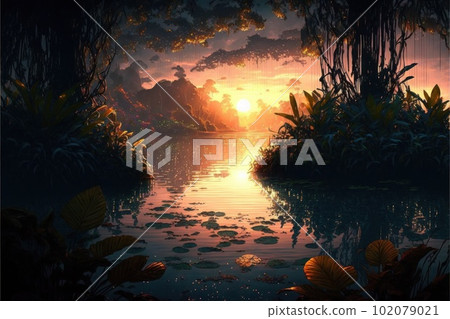 dreamy anime style sunset landscape illustration 102079021
