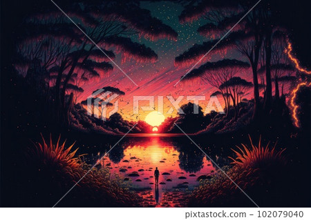 夢幻動漫風格夕陽風景插畫 102079040