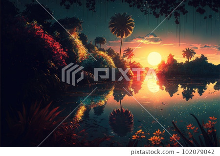 dreamy anime style sunset landscape illustration 102079042