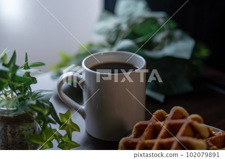 窗邊的咖啡和華夫餅 窗邊的咖啡和華夫餅 102079891