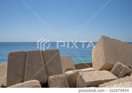 Breakwaters and Mediterranean sea, Sicily, Italy 102079934