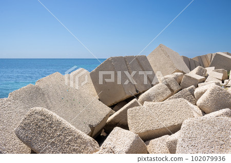 Breakwaters and Mediterranean sea, Sicily, Italy 102079936
