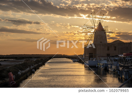 Sunset with windmill, Lagoon dello Stagnone 102079985