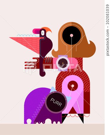 A woman, a bird and a cat A woman, a bird and a cat 102081039